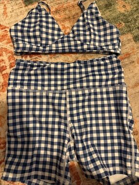 SHEIN Blue and White Gingham Sports Bra & Bike Shorts Set